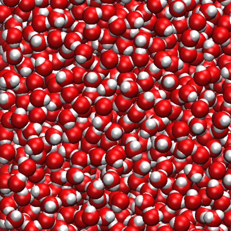 Molecular simulation of water showing densely packed H₂O molecules, with red spheres representing oxygen atoms and white spheres representing hydrogen atoms.