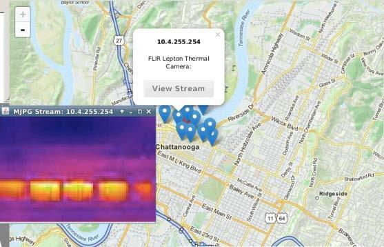 This map shows the locations of sensing devices in use by EPB in Chattanooga. The inset shows a thermal image of substation transformers. ORNL Image