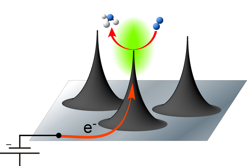 Nanoscale spikes of carbon help catalyze a reaction that generates ammonia from nitrogen and water. Nanoscale spikes of carbon help catalyze a reaction that generates ammonia from nitrogen and water.
