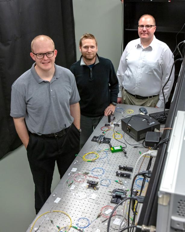 Joseph Lukens, Raphael Pooser, and Nick Peters (from left) of ORNL’s Quantum Information Science Group developed and tested a new interferometer made from highly nonlinear fiber in pursuit of improved sensitivity at the quantum scale. Credit: Carlos Jones