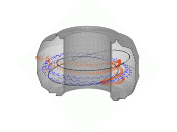 A simulation of runaway electrons in the experimental tokamak at the DIII-D National Fusion Facility at General Atomics shows the particle orbits in the fusion plasma and the synchrotron radiation emission patterns. Credit: Oak Ridge National Laboratory, 