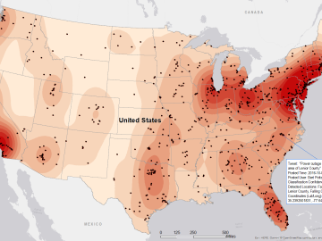 As part of a preliminary study, ORNL scientists used critical location data collected from Twitter to map the location of certain power outages across the United States.