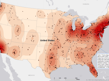 As part of a preliminary study, ORNL scientists used critical location data collected from Twitter to map the location of certain power outages across the United States. 