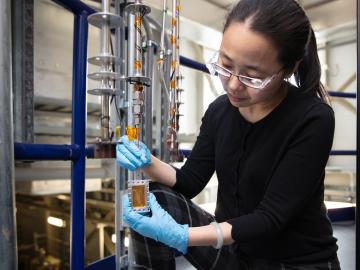 ORNL collaborator Hsiu-Wen Wang led the neutron scattering experiments at the Spallation Neutron Source to probe complex electrolyte solutions that challenge nuclear waste processing at Hanford and other sites. Credit: Genevieve Martin/Oak Ridge National Laboratory, U.S. Dept. of Energy.