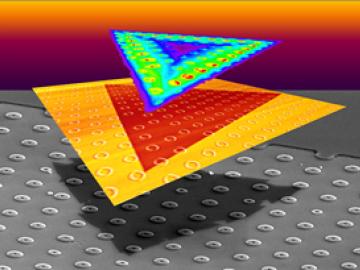 Strain-tolerant, triangular, monolayer crystals of WS2 were grown on SiO2 substrates patterned with donut-shaped pillars, as shown in scanning electron microscope (bottom) and atomic force microscope (middle) image elements. 