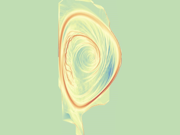 A visualization using Finite Time Lyapunov Exponents (FTLE) of the bulk velocity field derived from particles in an XGC1 fusion simulation. The bulk velocity field was computed and visualized in situ using the ADIOS staging transport method. Image courtesy of James Kress and David Pugmire.