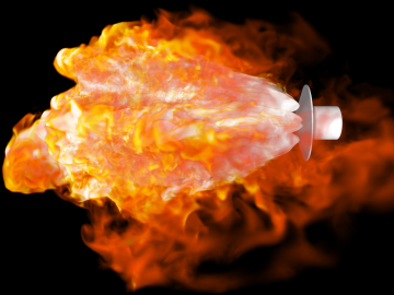 Snapshot of total temperature distribution at supersonic speed of mach 2.4. Total temperature allows the team to visualize the extent of the exhaust plumes as the temperature of the plumes is much greater than that of the surrounding atmosphere. Credit: NASA