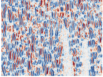 After studying the mixture of lead titanate and strontium titanate with x-ray diffraction imaging, the research team used machine learning techniques to identify two different phases at the nanoscale level: ferroelectric-ferroelastic (red, A) and polarization vortices (blue, V). 