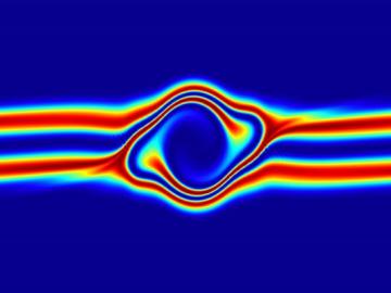 This simulation of a fusion plasma calculation result shows the interaction of two counter-streaming beams of super-heated gas. Credit: David L. Green/Oak Ridge National Laboratory, U.S. Dept. of Energy