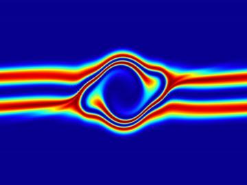 This simulation of a fusion plasma calculation result shows the interaction of two counter-streaming beams of super-heated gas. Credit: David L. Green/Oak Ridge National Laboratory, U.S. Dept. of Energy