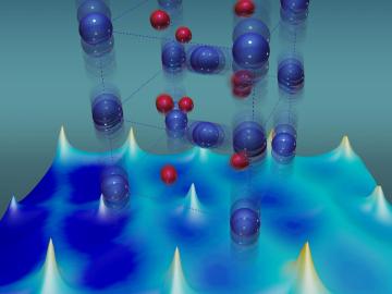Vanadium atoms (blue) have unusually large thermal vibrations that stabilize the metallic state of a vanadium dioxide crystal. Red depicts oxygen atoms.