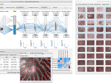 The CrossVis application includes a parallel coordinates plot (left), a tiled image view (right) and other interactive data views. Credit: Chad Steed/Oak Ridge National Laboratory, U.S. Dept. of Energy