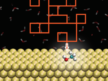 An artistic rendition of the type of diffusive path a molecule in solution may take before adsorbing on a surface.