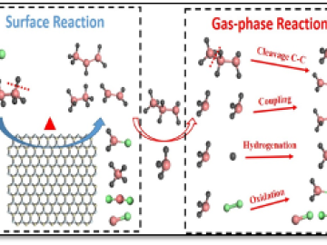 Illustration of propane oxidative dehydrogenation pathways on the catalyst surface and in the gas phase.