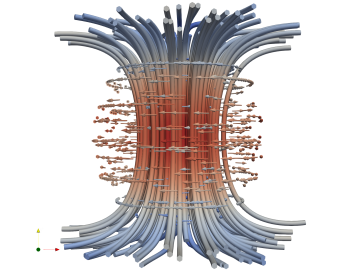  Using the ASGarD mathematical framework, scientists can model and visualize the electric fields, shown as arrows, circling around magnetic fields that are colorized to represent field magnitude of a fusion plasma. Credit: David Green/ORNL