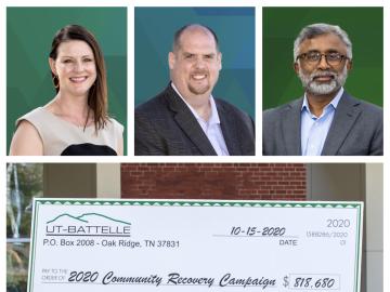 Led by campaign co-chairs Katie Waldrop, left, and Jeremy Busby, middle, with support from UT-Battelle leadership including Director Thomas Zacharia, ORNL’s Community Recovery Campaign raised $818,500 in support of local area nonprofits. Credit: ORNL, U.S. Dept. of Energy