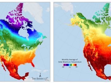 Daymet climatologies allow easy comparison of metrics like these monthly averages of maximum temperature for (left to right) January, April and August of 2019.
