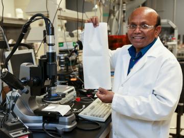 Parans Paranthaman, a researcher in the Chemical Sciences Division at ORNL, coordinated research efforts to study the filter efficiency of the N95 material. His published results represent one of the first studies on polypropylene as it relates to COVID-19. Credit: ORNL/U.S. Dept. of Energy