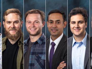 Innovation Crossroads Cohort 5 includes left to right: Caleb Alexander, DayLyte Batteries; Sam Evans, Unbound Water Technologies; Tommy Gibbons, Hempitecture; Shuchi “SK” Khurana, Addiguru; Forrest Shriver, Sentinel Devices; and Philip Stuckey, FC Renew.