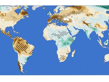 Results show change in annual aridity for the years 2071-2100 compared to 1985-2014. Brown shadings (negative numbers) indicate drier conditions. Black dots indicate statistical significance at the 90% confidence level. Credit: Jiafu Mao/ORNL, U.S. Dept. of Energy