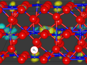 Using quantum Monte Carlo methods, the researchers simulated bulk VO2. Yellow and turquoise represent changes in electron density between the excited and ground states of a compound composed of oxygen, in red, and vanadium, in blue, which allowed them to evaluate how an oxygen vacancy, in white, can alter the compound’s properties. Credit: Panchapakesan Ganesh/ORNL, U.S. Dept. of Energy