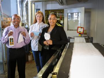 Scientists, from left, Parans Paranthaman, Tina Summers and Merlin Theodore at the DOE’s Carbon Fiber Technology Facility at ORNL are partnering with industry and university to develop antiviral materials for N95 masks. Credit: Genevieve Martin/ORNL, U.S. Dept. of Energy