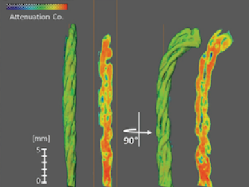 Neutron computed tomography reveals how water is constrained to travel only along certain strands of a special yarn coated with a water-wicking compound and a biocatalytic enzyme. Credit: Yuxuan Zhang/ORNL, U.S. Dept. of Energy