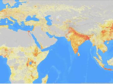 LandScan Global depicts population distribution estimates across the planet. The darker orange and red colors above indicate higher population density. Credit: ORNL, U.S. Dept. of Energy