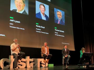 From left, ORNL Director Thomas Zacharia; Randy Boyd, president of the University of Tennessee; Jeff Lyash, CEO of the Tennessee Valley Authority; and Tricia Martinez, managing director of Techstars; participate in a panel discussion at Techstars Industries of the Future 2022 Demo Day, held May 26 at the University of Tennessee, Knoxville.