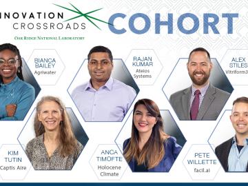 Innovation Crossroads Cohort Six includes: Bianca Bailey, Agriwater; Rajan Kumar, Ateois Systems; Alex Stiles, Vitriform3D; Kim Tutin, Captis Aire; Anca Timofte, Holocene Climate; and Pete Willette, facil.ai. Credit: ORNL, U.S. Dept. of Energy