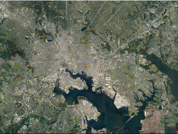 ORNL will use its land surface modeling tools to determine Baltimore’s climate risk and analyze green infrastructure improvements that can help mitigate impacts on underserved communities as part of a DOE Urban Integrated Field Laboratory project. Source: Google Earth, accessed Sept. 12, 2022