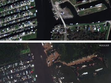 Before and after satellite images captured by WorldView-2 show the destruction in Barataria, Louisiana, following Hurricane Ida in August 2021