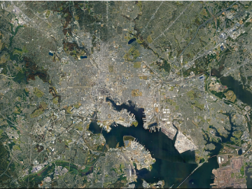 ORNL will use its land surface modeling tools to determine Baltimore’s climate risk and analyze green infrastructure improvements that can help mitigate impacts on underserved communities as part of a DOE Urban Integrated Field Laboratory project. Source: Google Earth, accessed Sept. 12, 2022