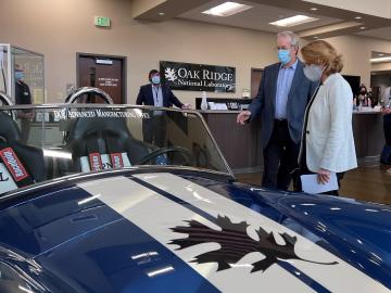 Craig Blue and Director Hicks look at the Shelby printed at the MDF. 