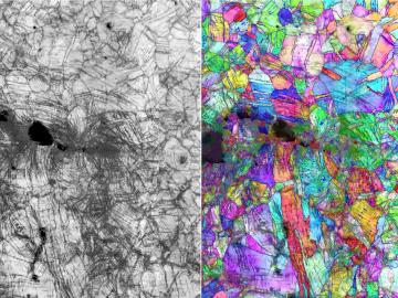 Microscopy-generated images showing the path of a fracture and accompanying crystal structure deformation in the CrCoNi alloy at nanometer scale during stress testing at 20 kelvin (-424 F). The fracture is propagating from left to right. Credit: Robert Ritchie/Berkeley Lab