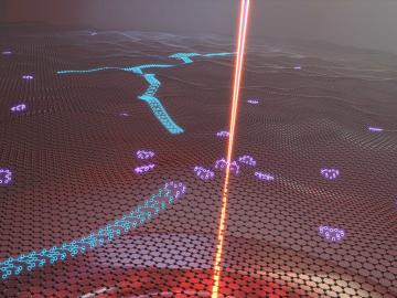 When an electron beam drills holes in heated graphene, single-atom vacancies, shown in purple, diffuse until they join with other vacancies to form stationary structures and chains, shown in blue. Credit: Ondrej Dyck/ORNL, U.S. Dept. of Energy