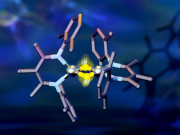 Even small movements of hydrogen, shown in yellow, were found to cause large energy shifts in the attached iron atoms, shown in silver, which could be of interest in creating novel chemical reactions. Credit: Jill Hemman/ORNL, U.S. Dept. of Energy