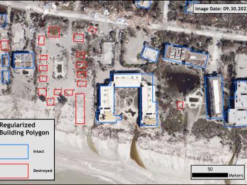 Satellite image with AI-detected building outlines showing intact and destroyed structures following a hurricane.