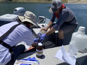 Students from UC Merced collect water samples at Guadalupe Reservoir in Santa Clara County, California. Credit: UC Merced