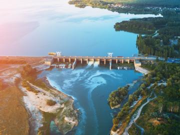 Aerial view of a dam at a reservoir