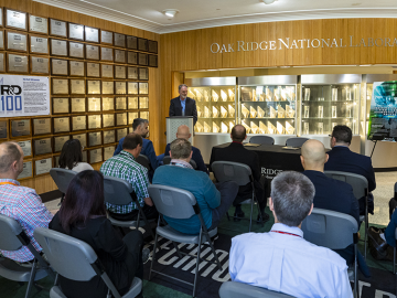 Mickey Wade, associate laboratory director for the Fusion and Fission Energy and Science Directorate, addresses attendees of an event to celebrate the licensing of an augmented reality technology to Teletrix. Credit: Carlos Jones/ORNL, U.S. Dept. of Energy