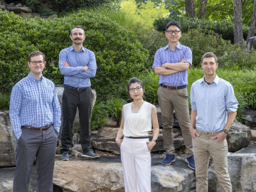 ORNL’s Jack Cahill, Eugene Dumitrescu, Dan Lu, Takaaki Koyanagi and Matthew Brahlek have been selected to receive Department of Energy Early Career Research awards. Credit: Carlos Jones/ORNL, U.S. Dept. of Energy.