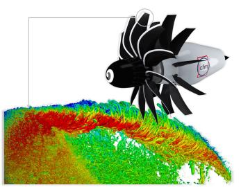 A rendering of the CFM RISE program’s open fan architecture. (bottom) A GE visualization of turbulent flow in the tip region of an open fan blade using the Frontier supercomputer at ORNL. Credit: CFM, GE Research (CFM is a 50­–50 joint company between GE and Safran Aircraft Engines)