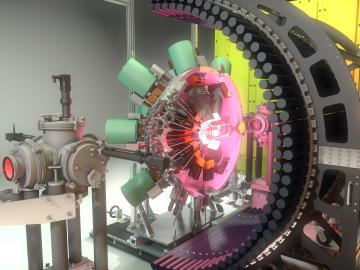 A beam of excited sodium-32 nuclei implants in the FRIB Decay Station initiator is used to detect decay signatures of isotopes. Credit: Gary Hollenhead, Toby King and Adam Malin/ORNL, U.S. Dept. of Energy