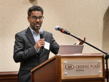 Director of ORNL’s AI Initiative Prasanna Balaprakash addresses attendees at the Generative AI for ORNL Science Workshop. Credit: ORNL, U.S. Dept. of Energy