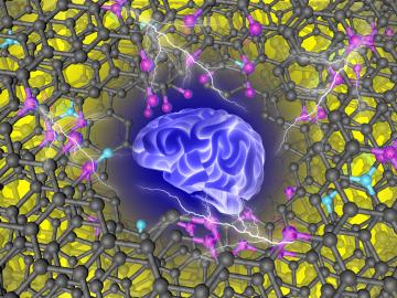 Conceptual art depicts machine learning finding an ideal material for capacitive energy storage. Its carbon framework (black) has functional groups with oxygen (pink) and nitrogen (turquoise). Credit: Tao Wang/ORNL, U.S. Dept. of Energy