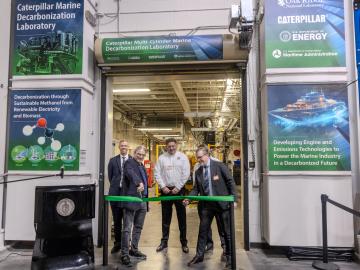A collaboration between Oak Ridge National Laboratory and Caterpillar Inc. will investigate using methanol as an alternative fuel source for marine vessels. Members of the research team kicked off the project with the installation of a 6-cylinder engine at the Department of Energy’s National Transportation Research Center at ORNL.