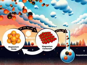 In a proposed carbon-capture method, magnesium oxide crystals on the ground bind to carbon dioxide molecules from the surrounding air, triggering the formation of magnesium carbonate. The magnesium carbonate is then heated to convert it back to magnesium oxide and release the carbon dioxide for placement underground, or sequestration. Credit: Adam Malin/ORNL, U.S. Dept. of Energy 