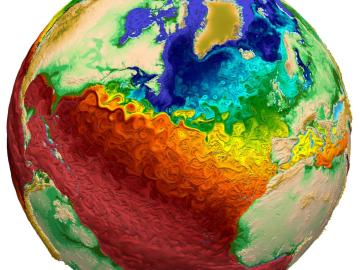 The illustration depicts ocean surface currents simulated by MPAS-Ocean. Credit: Los Alamos National Laboratory, E3SM, U.S. Dept. of Energy