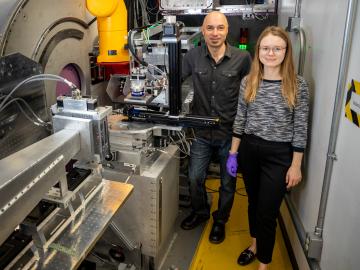 Mat Doucet, left, of Oak Ridge National Laboratory and Sarah Blair of the National Renewable Energy Lab used neutrons to understand an electrochemical way to produce ammonia